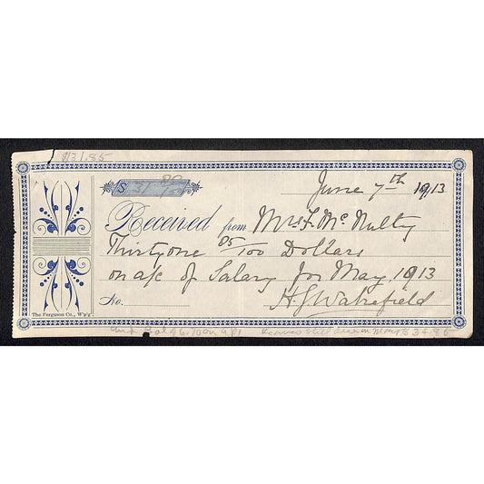 Montana 1913 $7.80 Payment Receipt for Salary - Mrs. McNulty