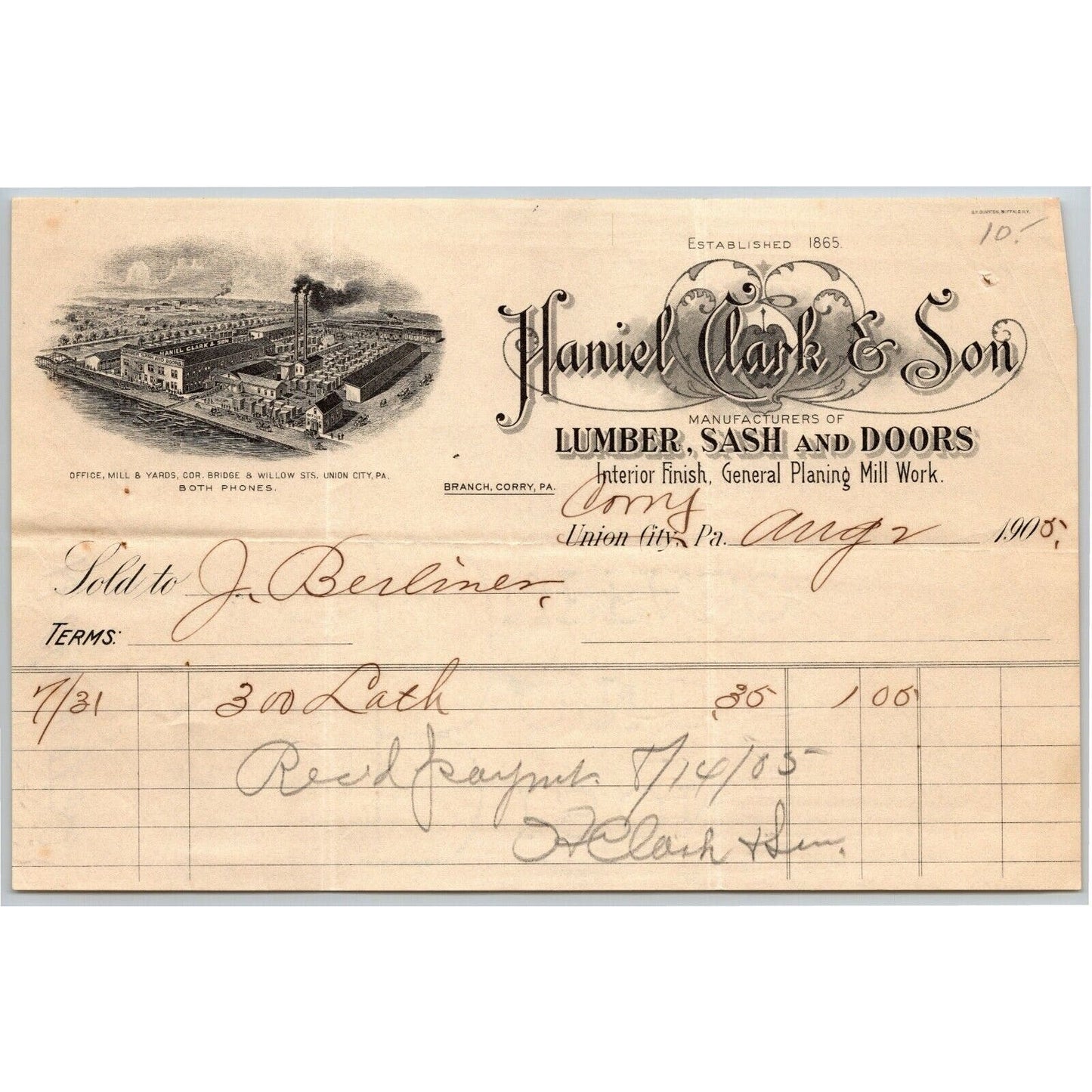 1905 Union City / Corry, PA Letterhead Haniel Clark & Son Lumber Sash Doors Mill