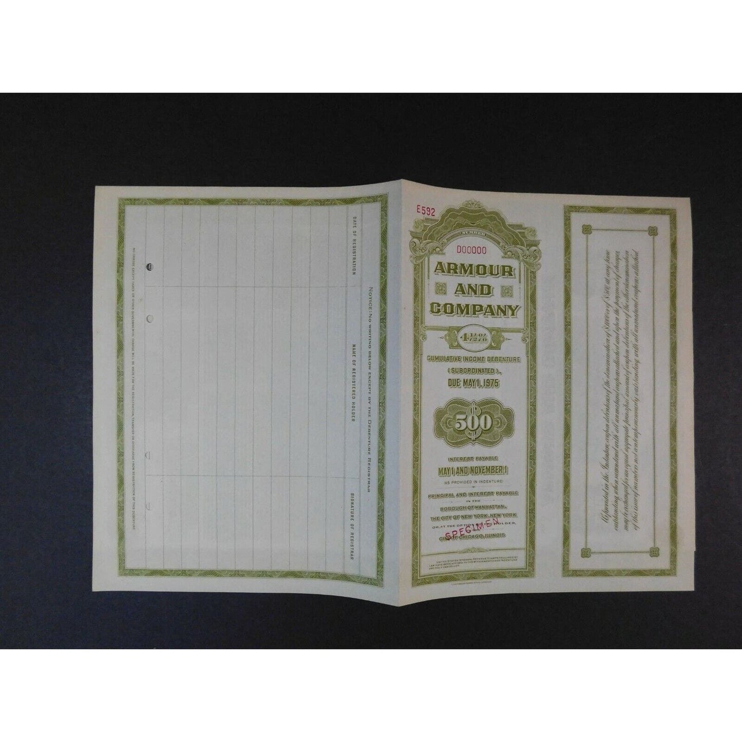 Vintage 1945-1975 30 Year Sinking Fund Certificate Armour Company SPECIMEN