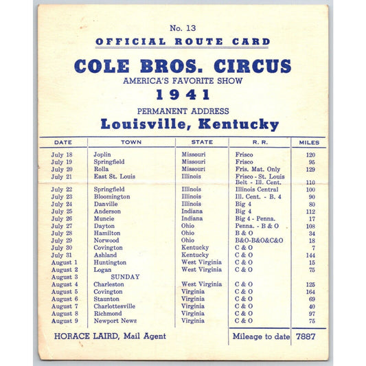 1941 Cole Bros Circus Route Card Virginia Indiana Missouri Illinois Ohio KY