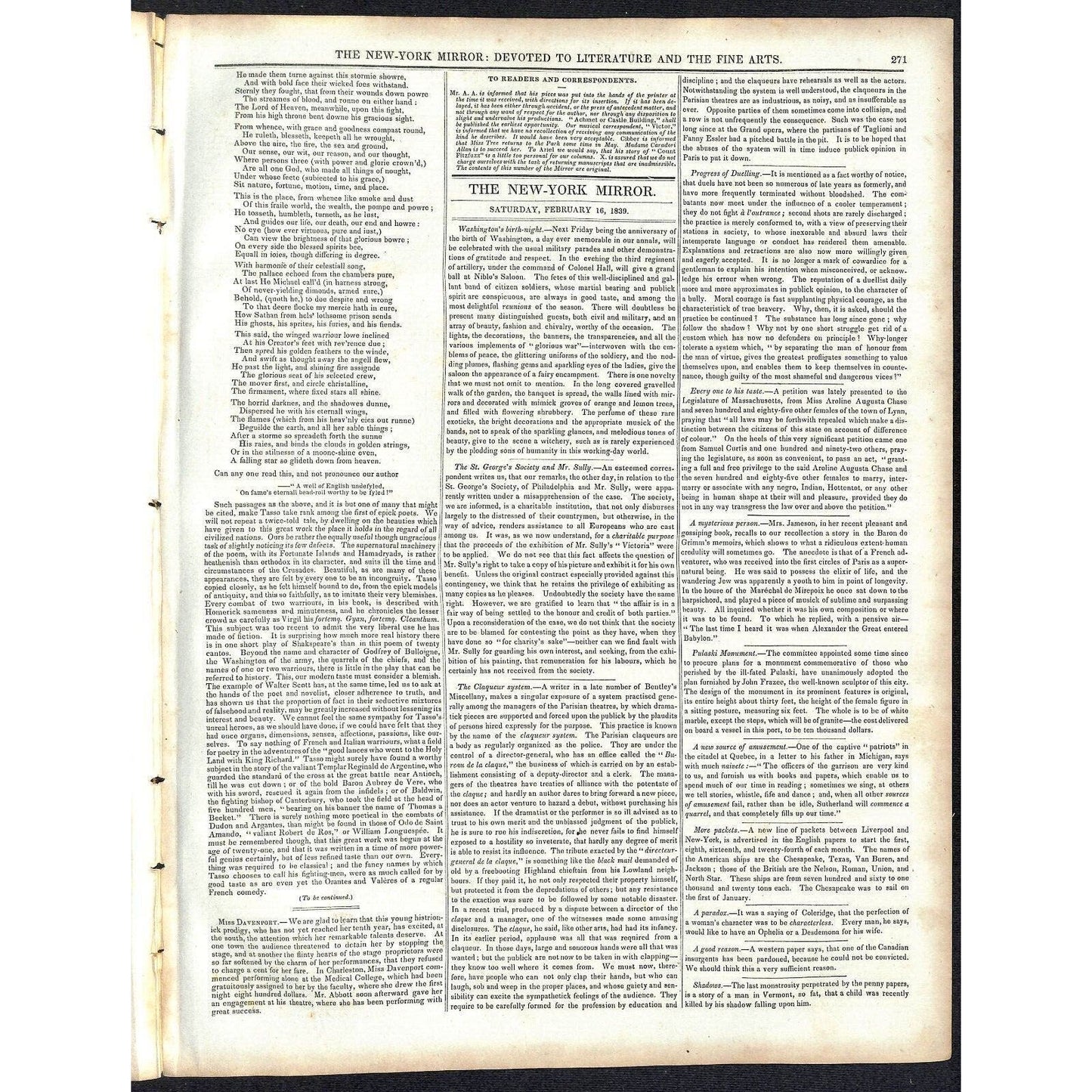 New-York Mirror Weekly Journal Literature Fine Arts Newspaper 2/16/1839