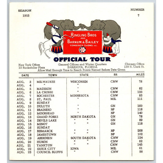 1953 Ringling Bros Barnum Bailey Circus Route Card Milwaukee Madison St. Paul