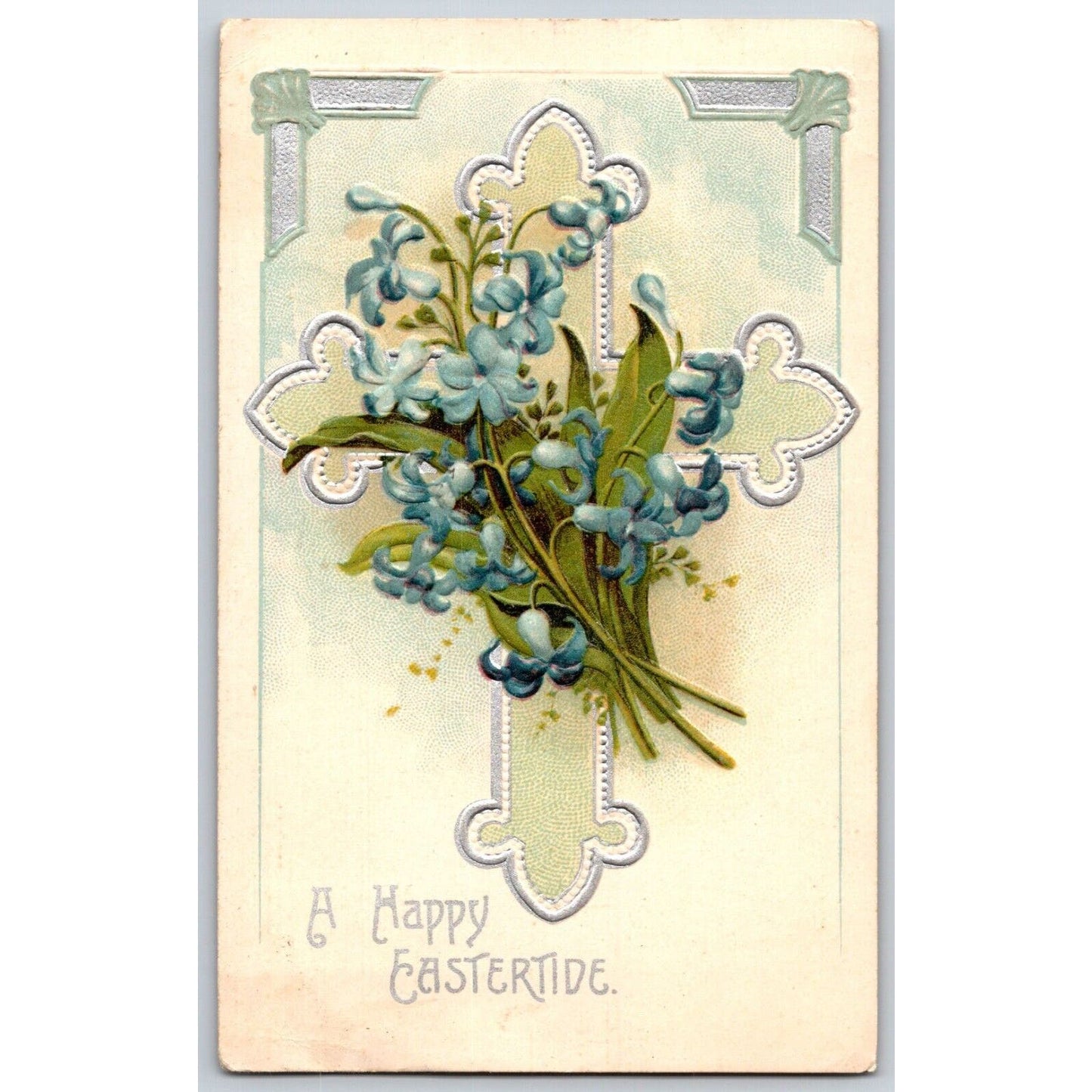 Vintage Easter Postcard "A Happy Eastertide" Floral Cross Silver Embossed