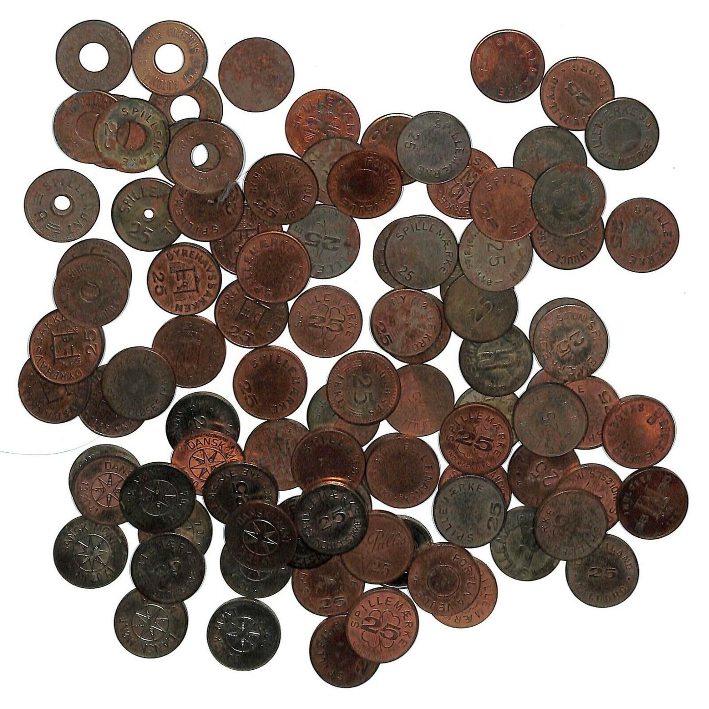 Group of 95 Amusement / Vending Spillemaerke Copper Bronze Tokens from Denmark