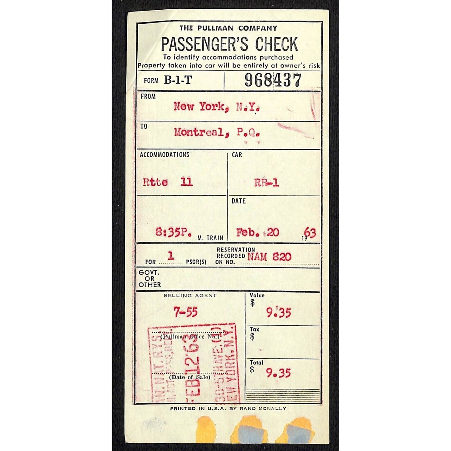 Pullman Company Passenger Check / Ticket New York City to Montreal 1963