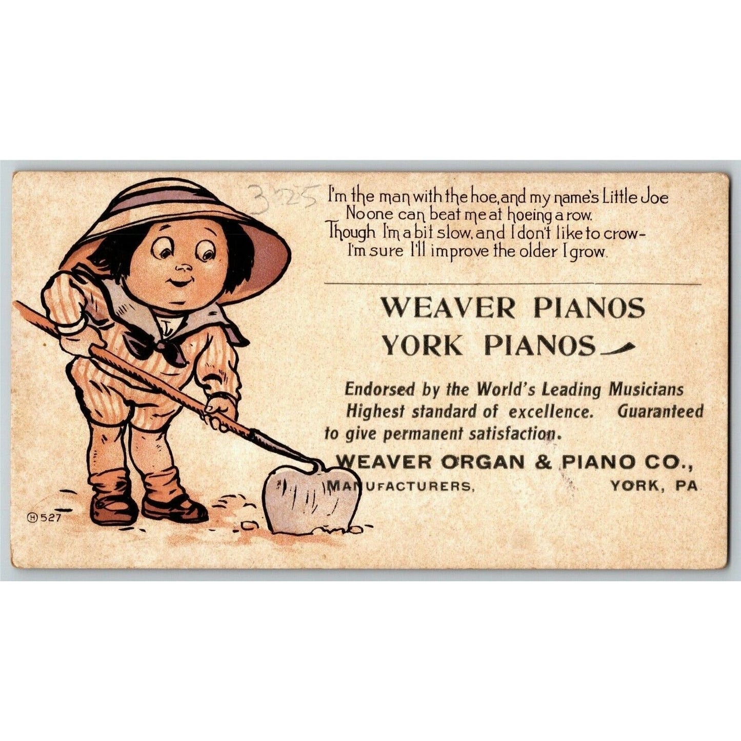 c1930's - 1940's Ink Blotter Weaver's Pianos York, PA - Little Joe & His Hoe