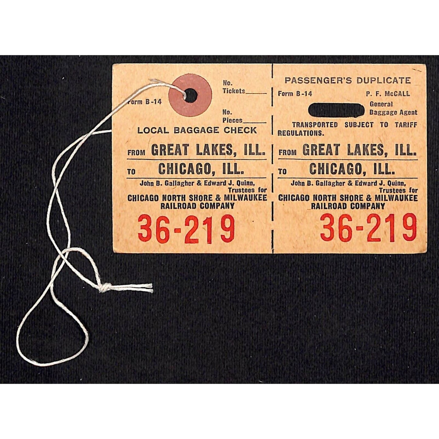 Chicago North Shore & Milwaukee Railroad Great Lakes Baggage Check / Tag #36-219