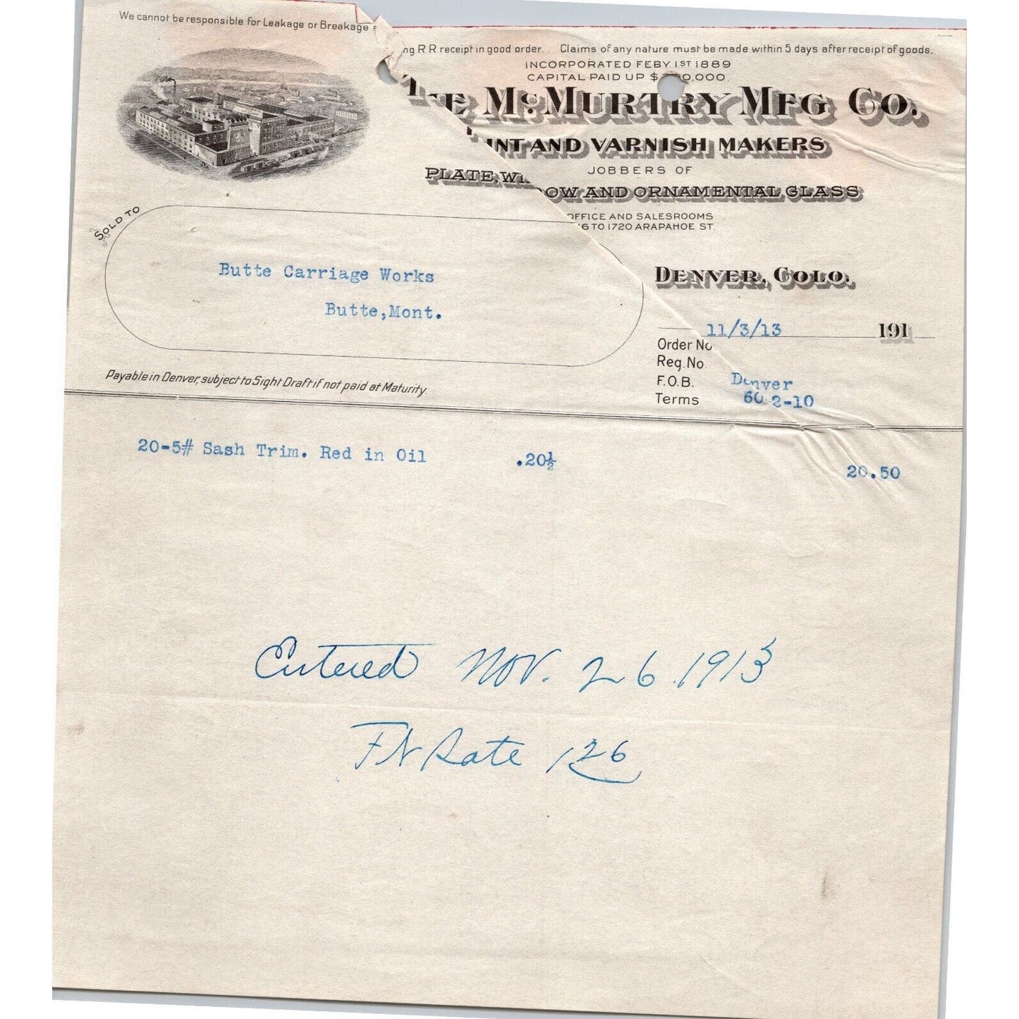 1913 McMurphy Mfg. Co. Paint and Varnish Makers Denver, CO - Letterhead