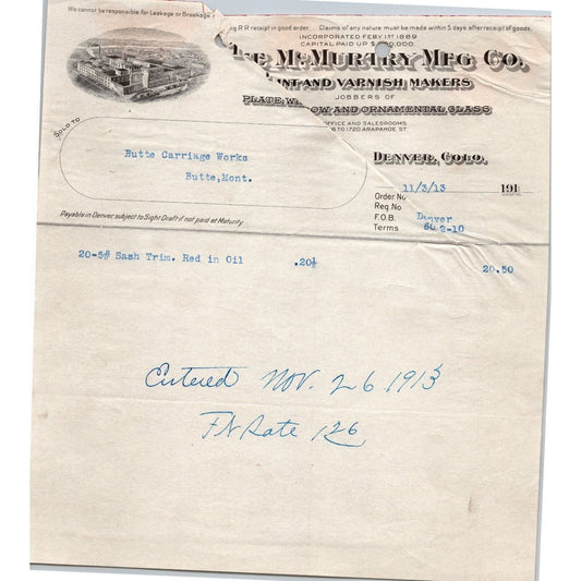 1913 McMurphy Mfg. Co. Paint and Varnish Makers Denver, CO - Letterhead