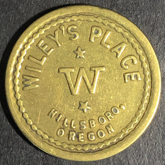 Wiley's Place -- Hillsboro Oregon G/F 5c Brass Trade Token "W" 22mm