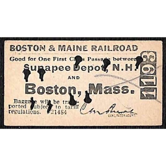 Boston & Maine Railroad Ticket 1916 Sunapee Depot, NH #1193