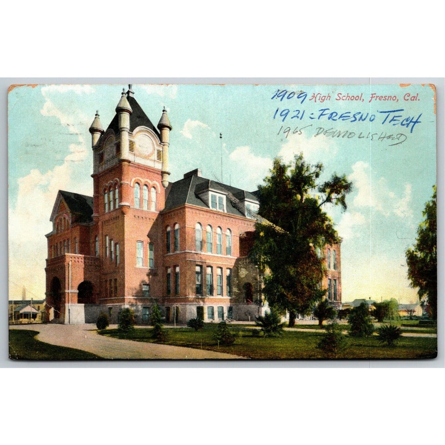 Vintage c1909 Postcard "High School Fresno, Cal" (w/ Hand Written Use Update)