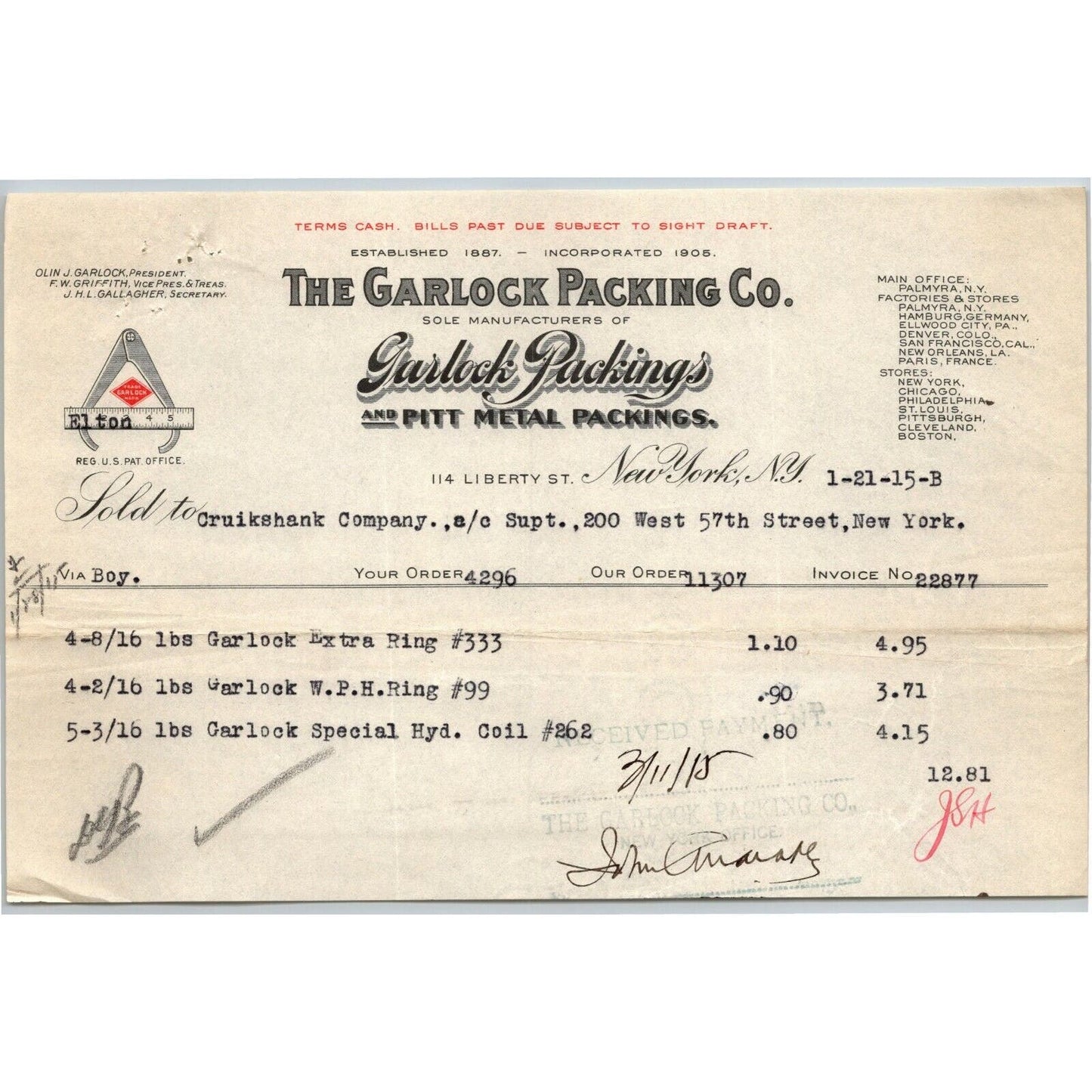 1915 "The Garlock Packing Co." Metal Billhead Letterhead 114 Liberty St. NYC