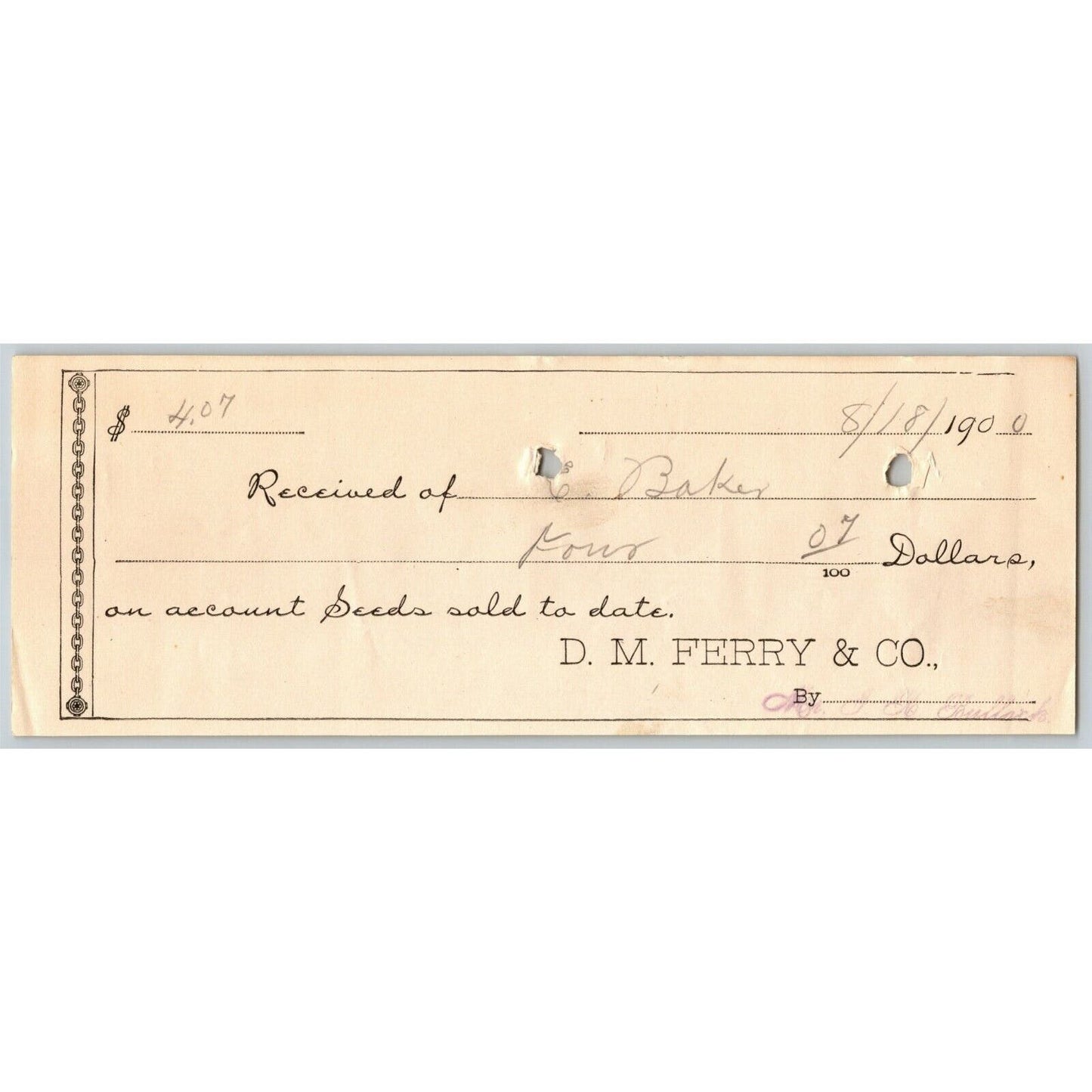 1900 $4.07 Check From Ephraim Baker* to D. M. Ferry Co. (Seed Company)