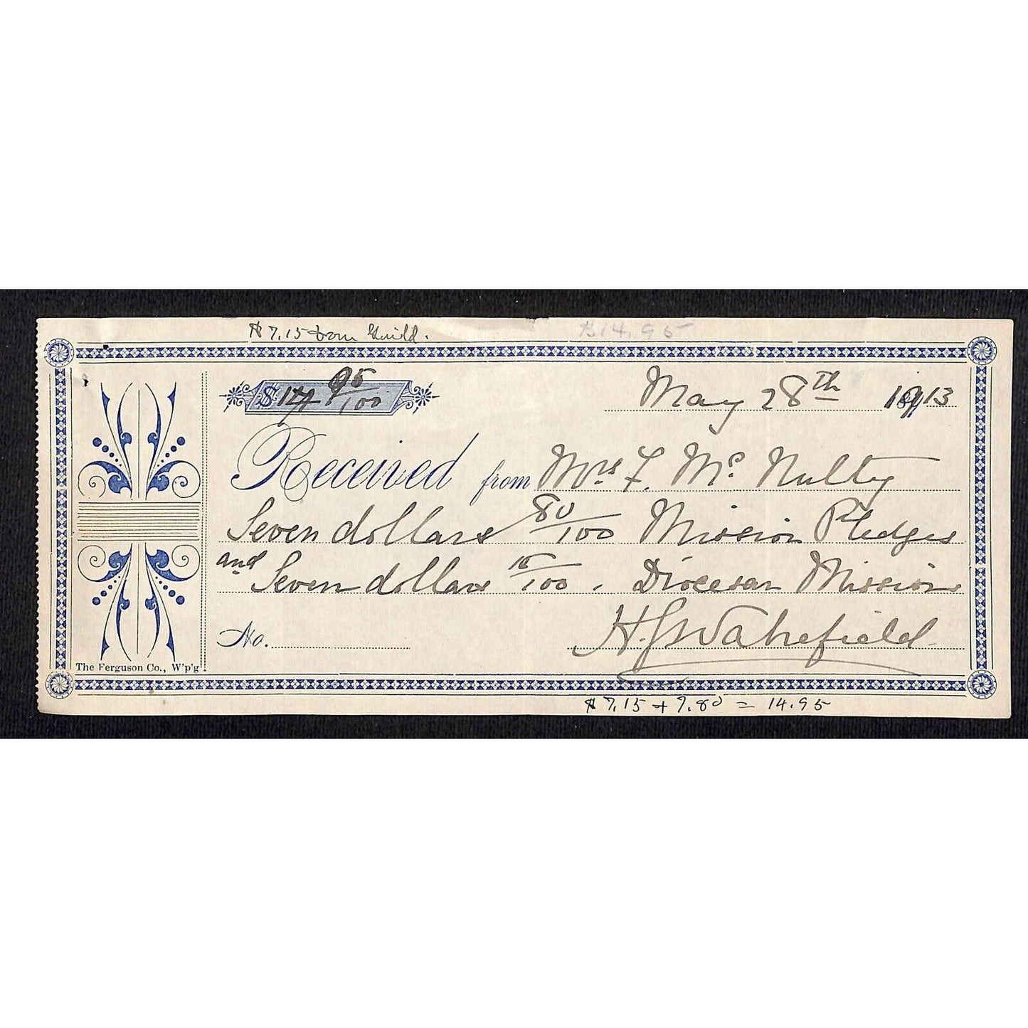 Montana 1913 $7.80 Payment Receipt for Mission Pledge - Mrs. McNulty