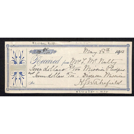 Montana 1913 $7.80 Payment Receipt for Mission Pledge - Mrs. McNulty