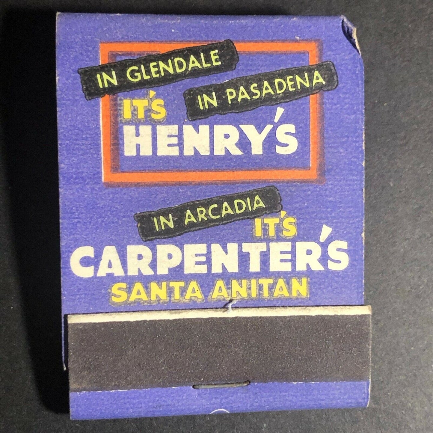 Scarce c1950's Full Matchbook Henry's Green Apple Pie Glendale Pasadena