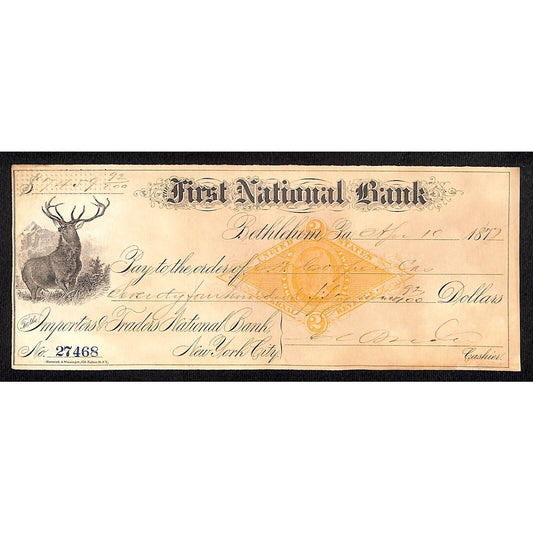 Bethlehem, PA 1877 First National Bank Check #27468 Deer Vignette & Tax Stamp