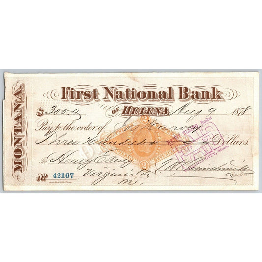 First National Bank of Helena, MT 1878 w/ Revenue Stamp Underprint - VGC
