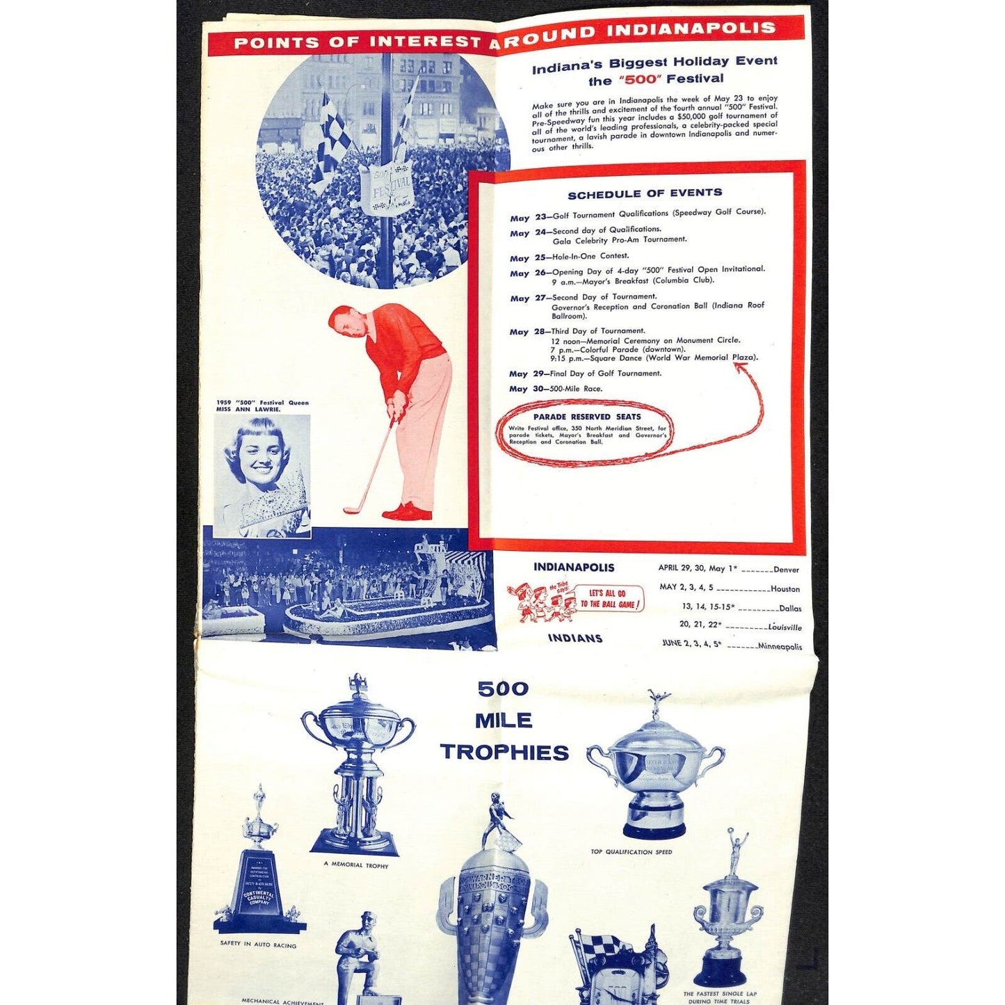 1960 Indy 500 Meet You at the "500" Bob's Standard Oil Service Map Schedule