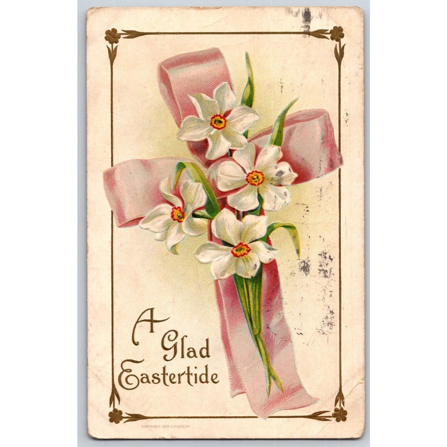 Vintage Easter Postcard "A Glad Eastertide" Floral Cross Embossed PM 1910