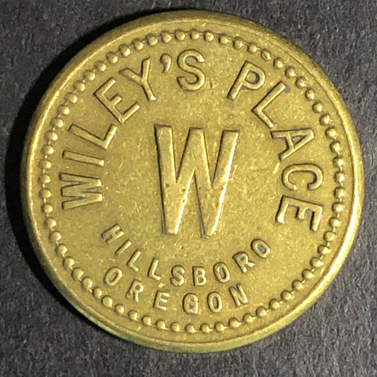 Wiley's Place - Hillsboro Oregon G/F 5c Brass Trade Token "W" 21mm