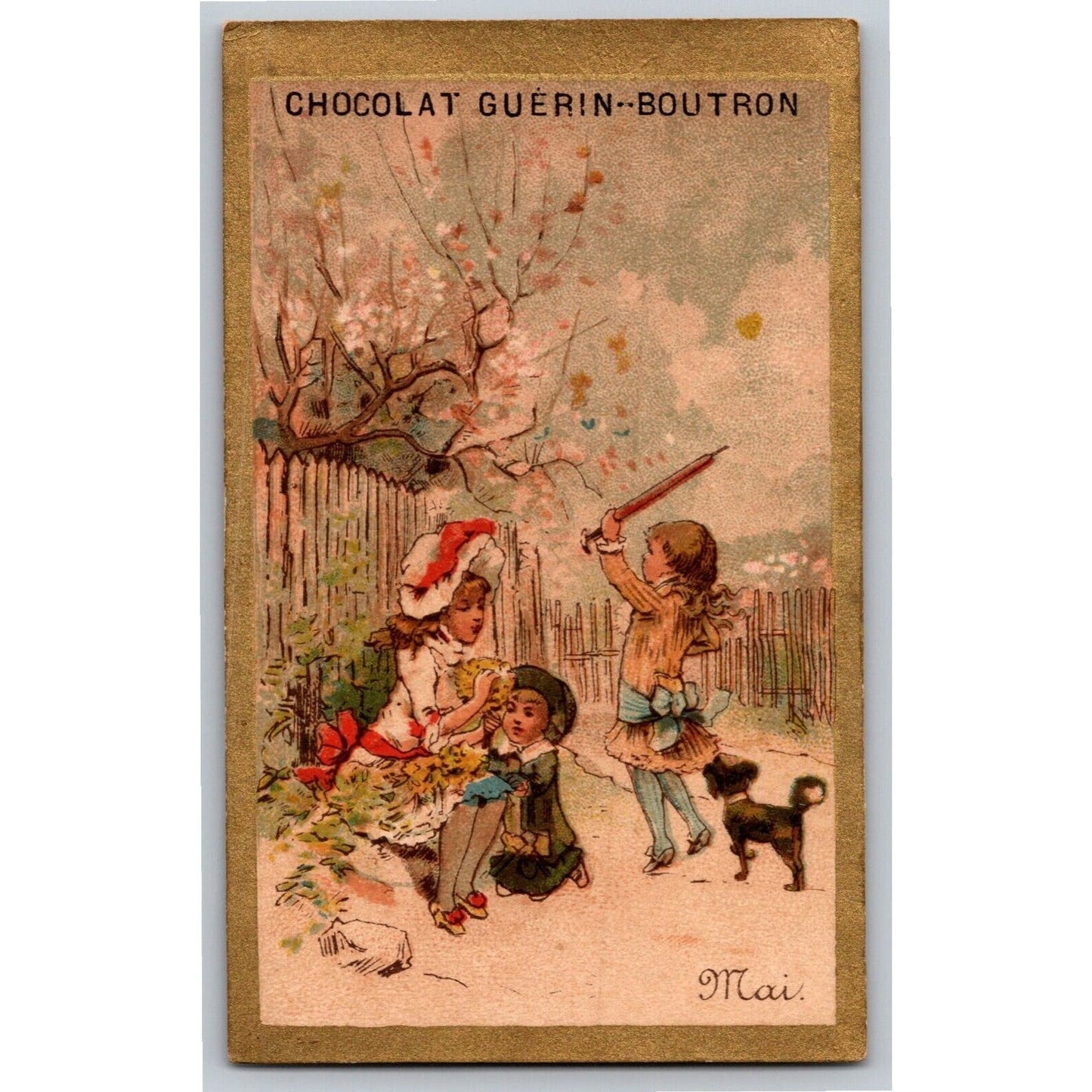 French Victorian Trade Card Chocolat Guerin-Boutron Girls Playing Outdoors Gilt
