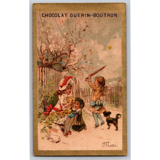 French Victorian Trade Card Chocolat Guerin-Boutron Girls Playing Outdoors Gilt