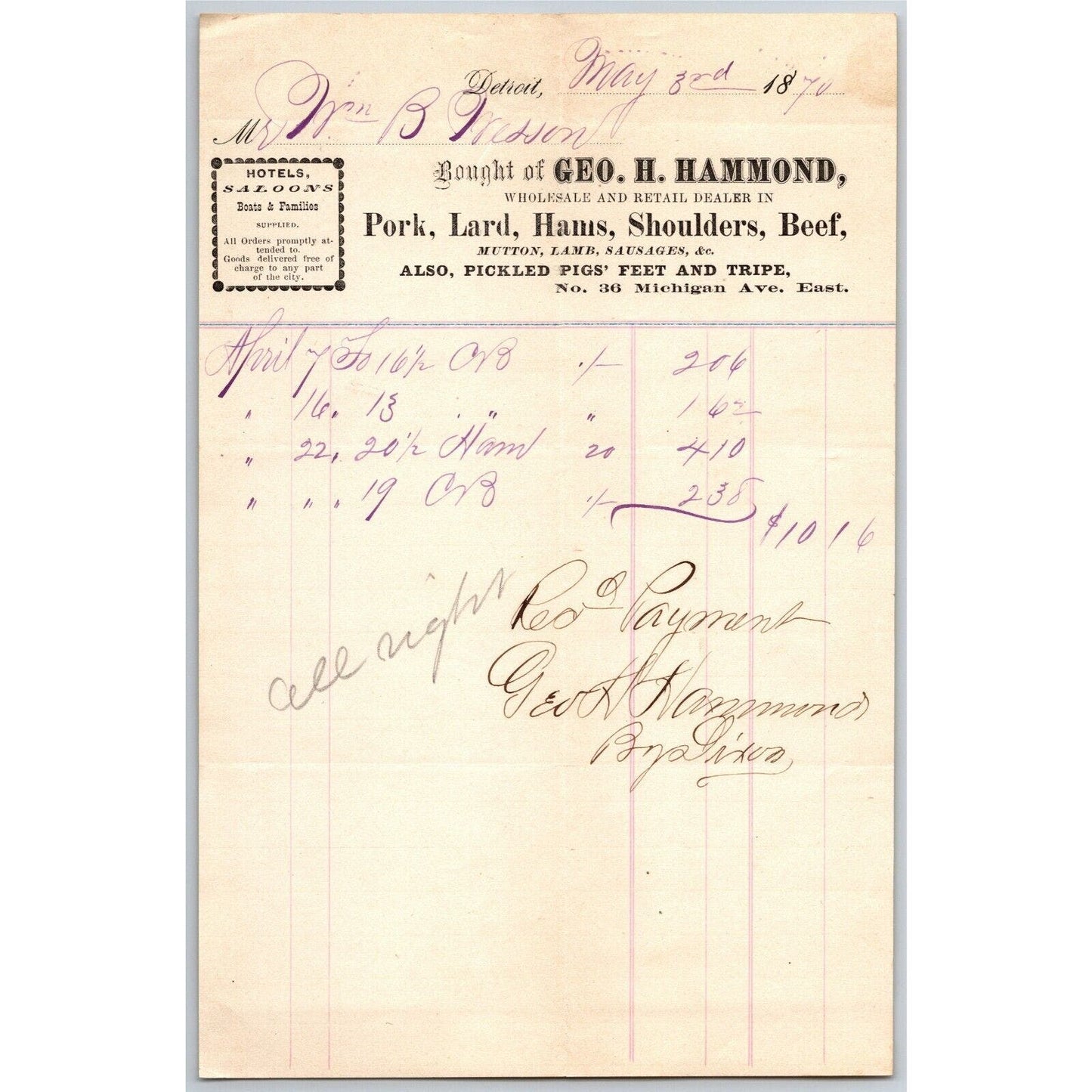 Detroit Letterhead Geo. H. Hammond Pork Lard Hams Beef Shoulders 1870