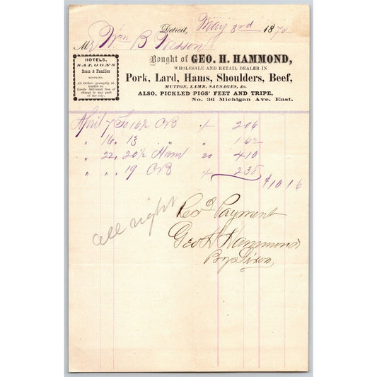 Detroit Letterhead Geo. H. Hammond Pork Lard Hams Beef Shoulders 1870