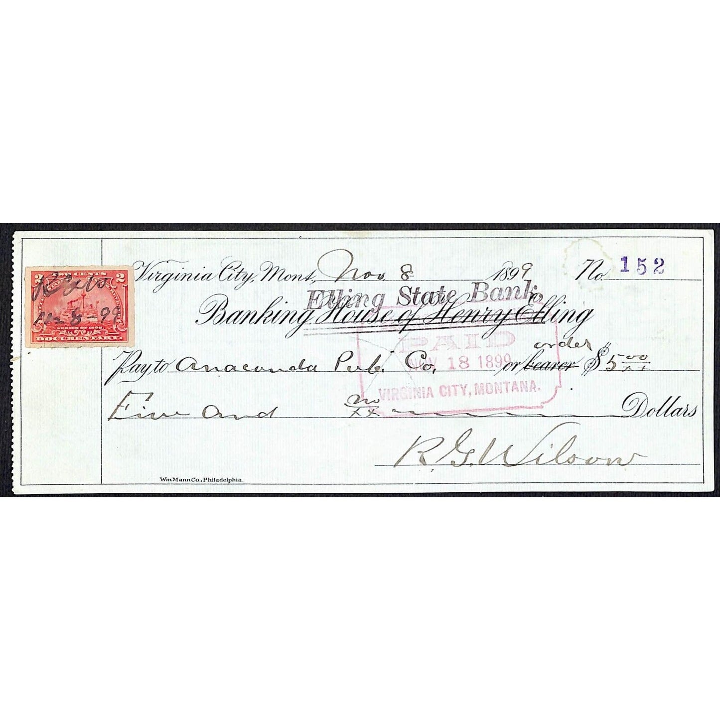 Virginia City, MT Henry Elling State Bank 1899 Check / Anaconda Pub w/ Rev Stamp