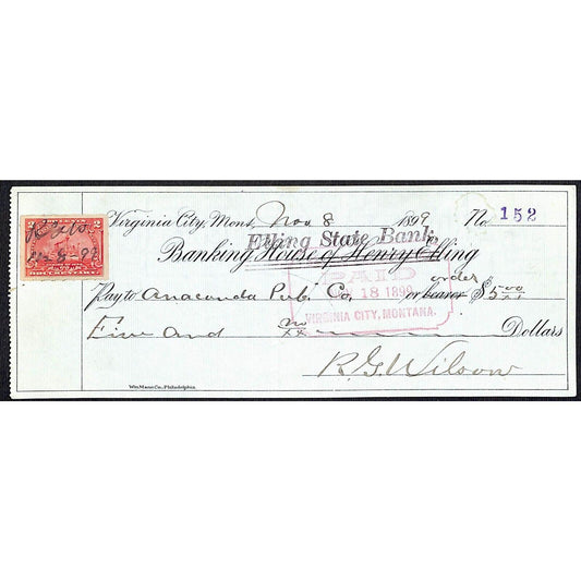 Virginia City, MT Henry Elling State Bank 1899 Check / Anaconda Pub w/ Rev Stamp