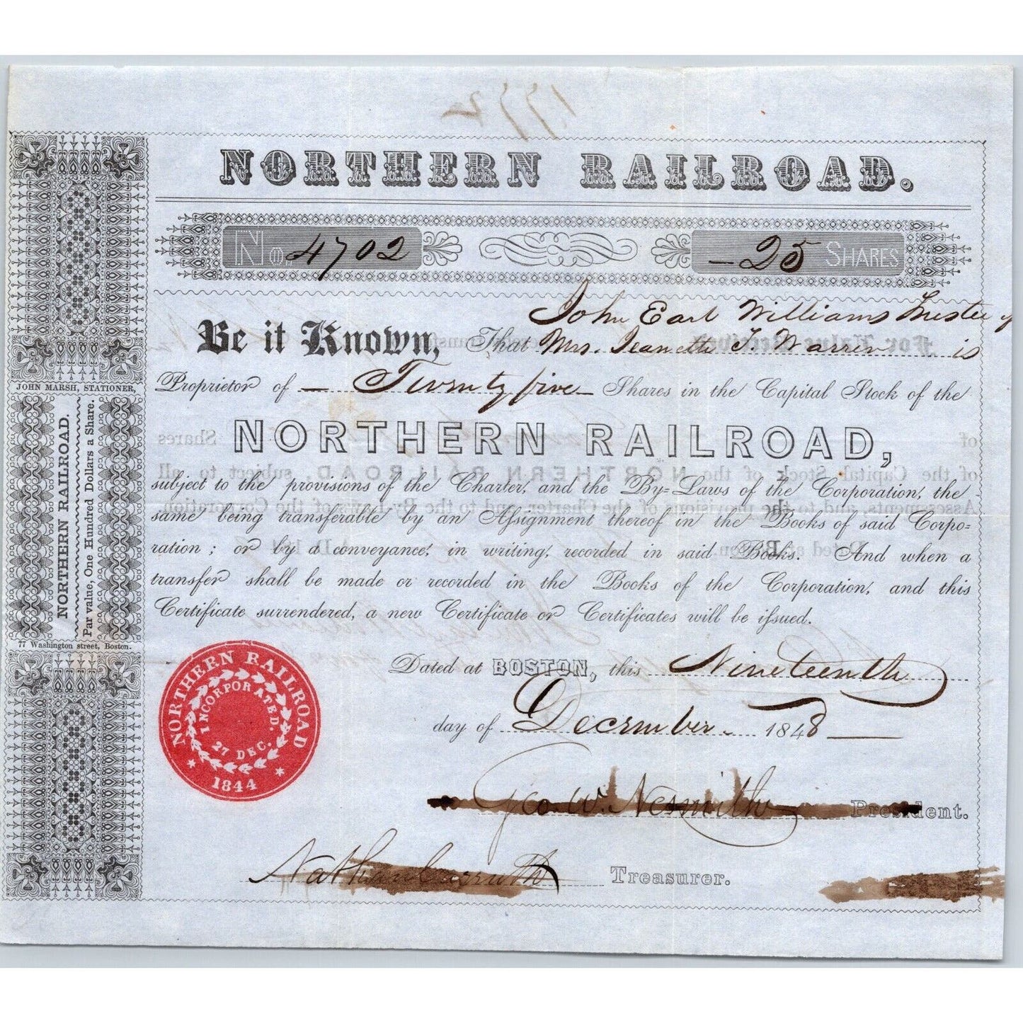 1848 Boston, MA Northern Railroad Stock Certificate No. 4702 for 25 Shares