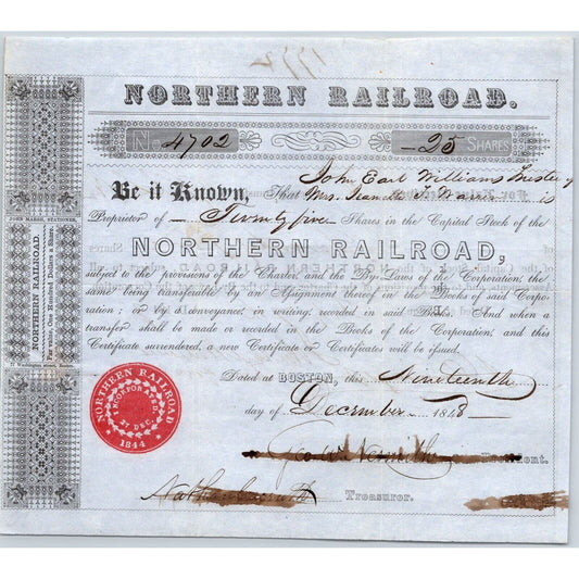 1848 Boston, MA Northern Railroad Stock Certificate No. 4702 for 25 Shares