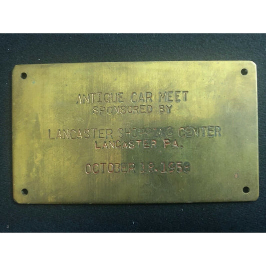 1958 Brass Lancaster Shopping Center "Antique Car Meet" Auto Show Dash Plaque
