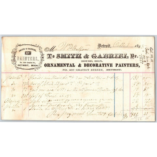 Detroit Letterhead - Smith & Gabriel - Ornamental & Decorative Painters 1868