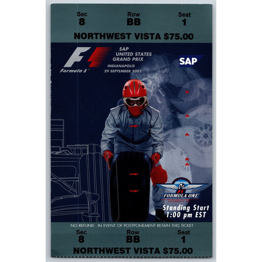2002 Indianapolis Formula One Grand Prix Racing Ticket Stub 9/29 VGC Seat 1