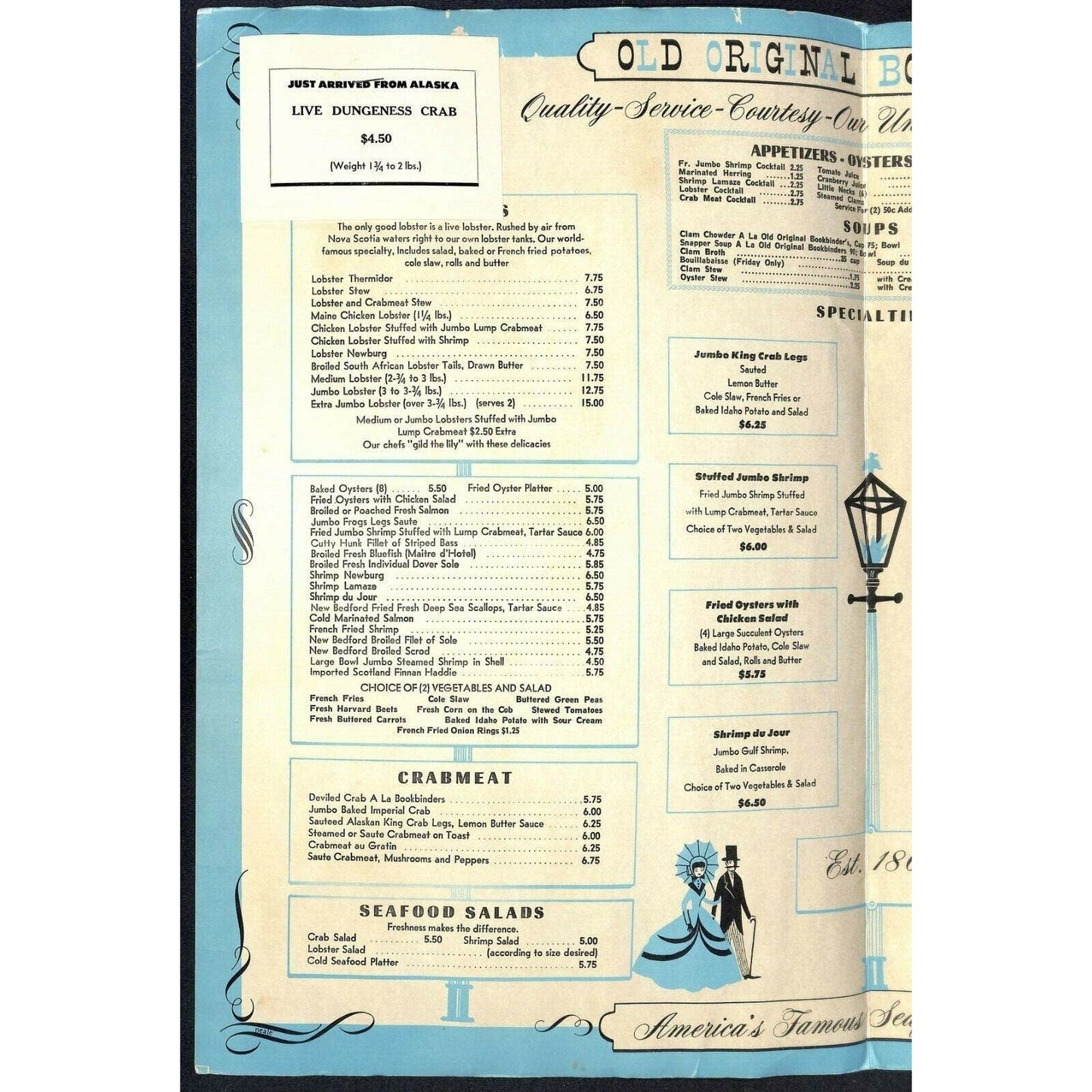 Bookbinder's Menu 1970 Large Restaurant Philadelphia Horse & Carriage Cover Art