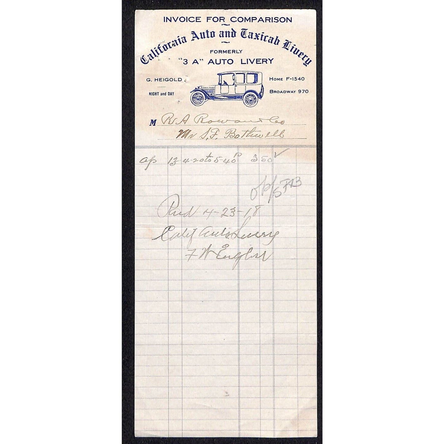 California Auto and Taxicab Livery April 13 1918 Billhead Letterhead R.A. Rowan
