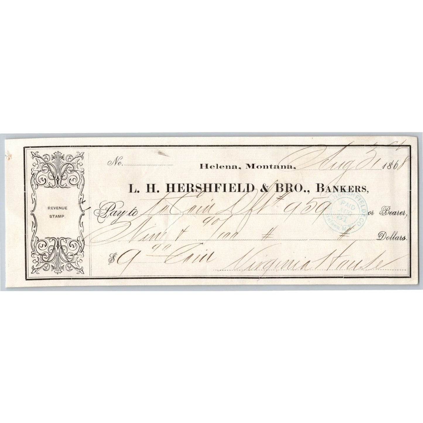 Helena Montana L.H. Hershfield & Bro. Bankers - Bank Check 1868