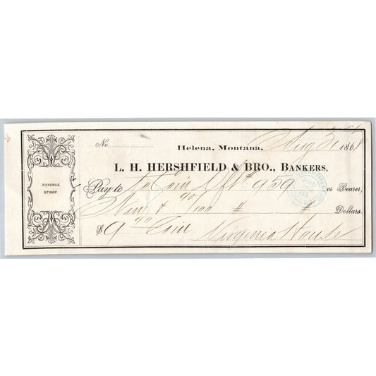 Helena Montana L.H. Hershfield & Bro. Bankers - Bank Check 1868