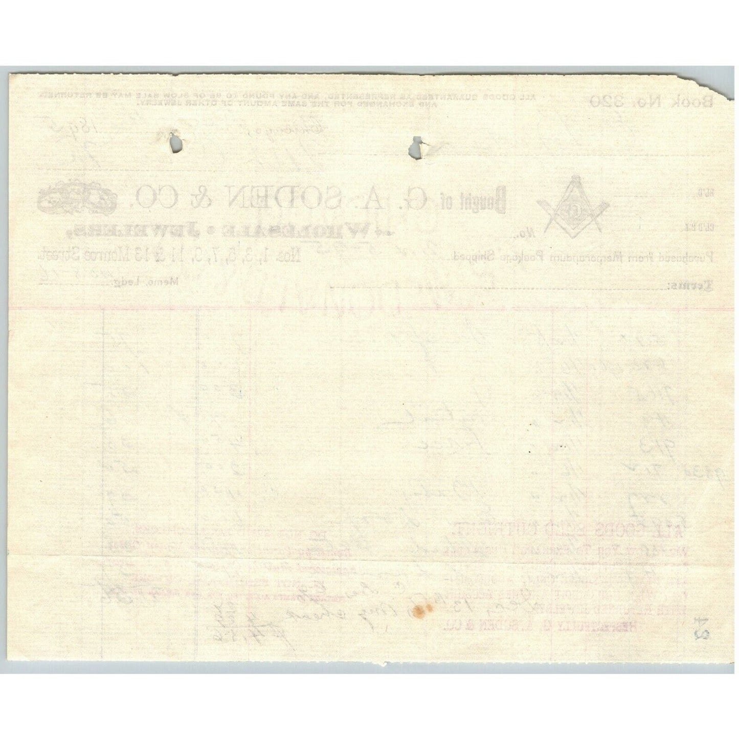 1895 Letterhead G.A. Soden & Co. Jewelers Freemason Chicago - Ephraim Baker*