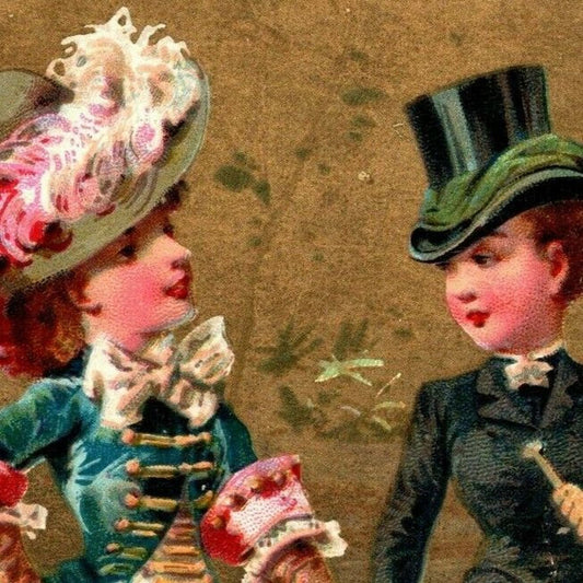 French Victorian Trade Card - 1889 Exposition Universelle Two well Dressed Girls