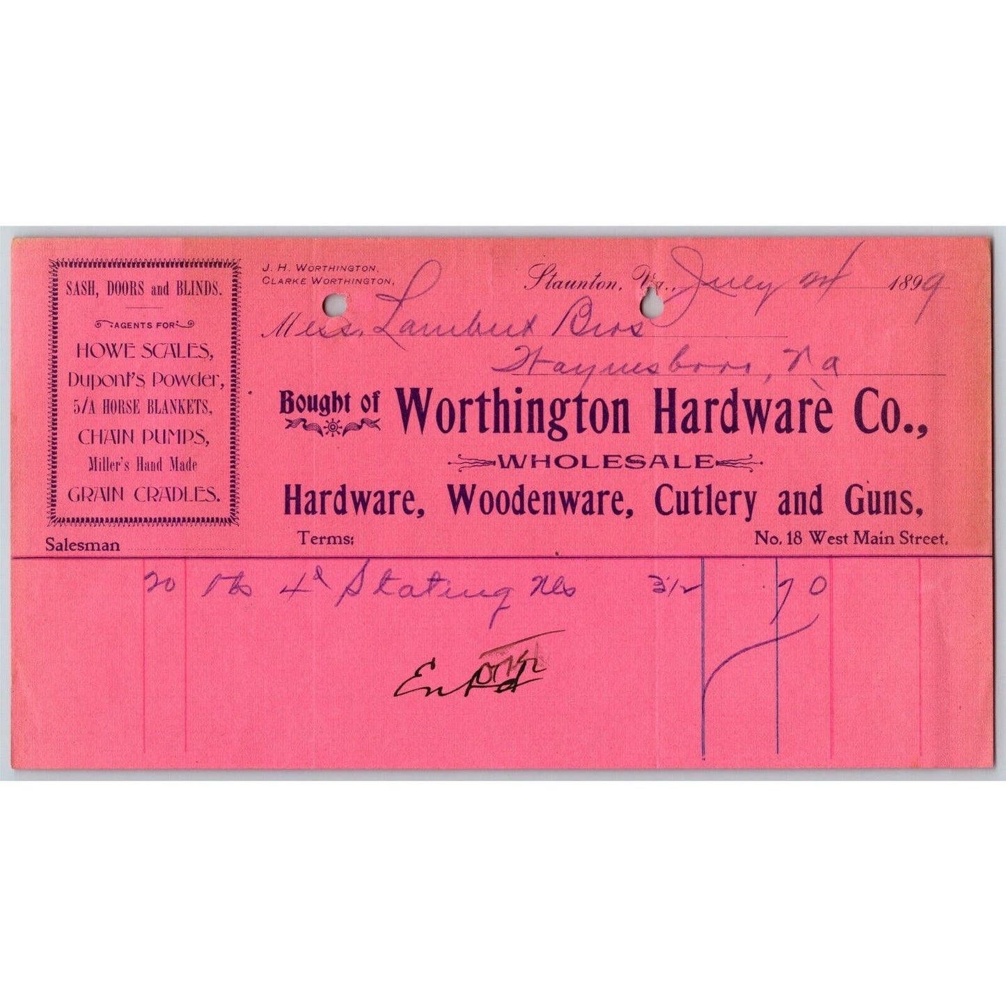 1899 Scarce Worthington Hardware Co. Cutlery Guns Woodenware Staunton, VA