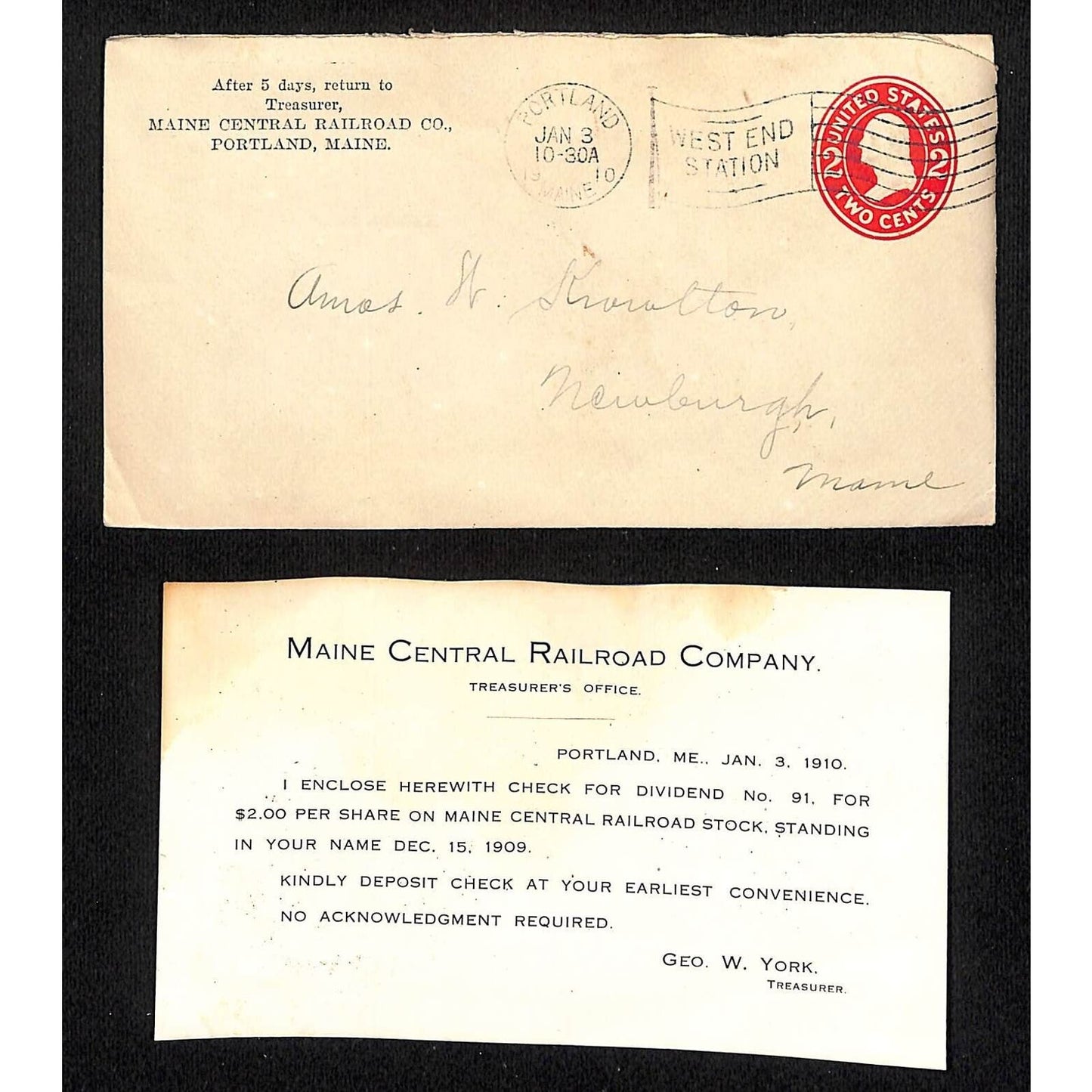 Newburg, ME Amos W. Knowlton* 1915 Maine Central Railroad Dividend Check Notice