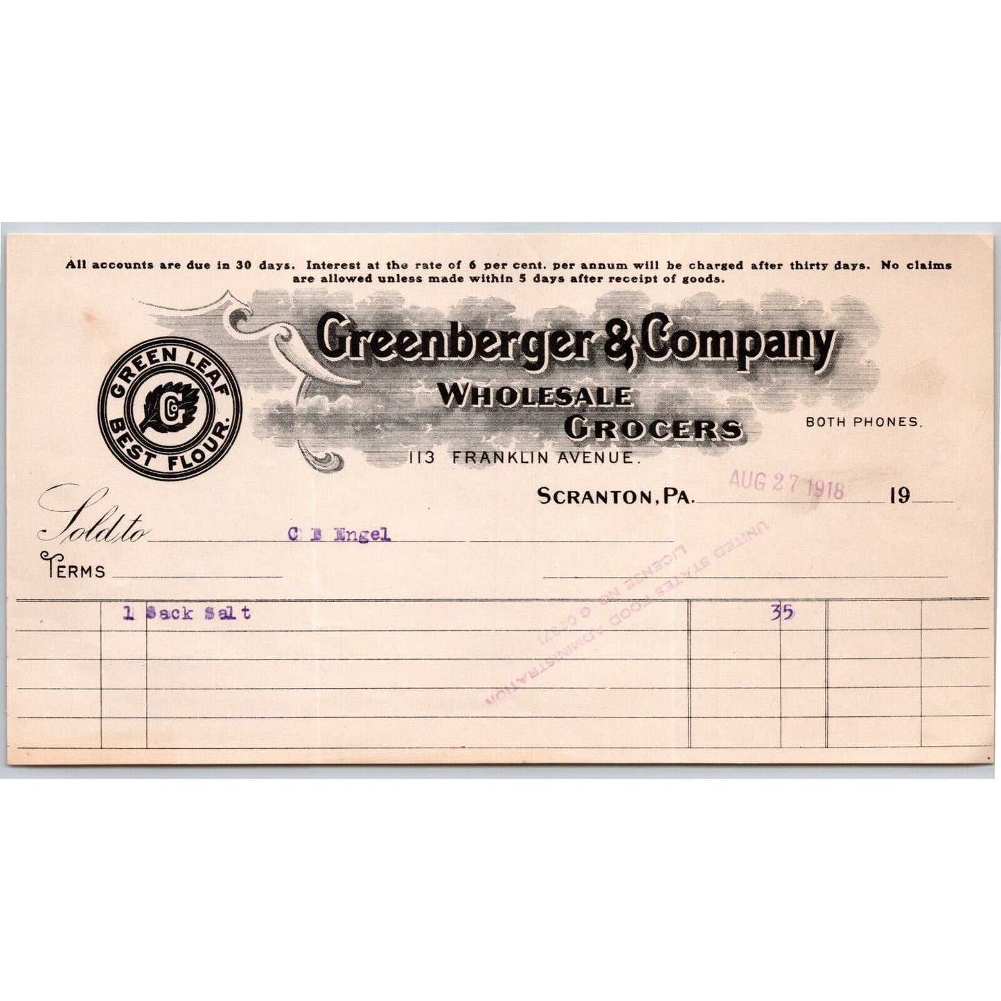 Scranton, PA Greenberger & Co. Grocers 1918 "C.B. Engel" Billhead Sack Salt