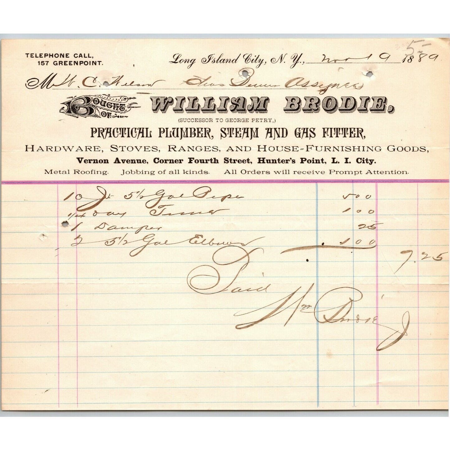 Long Island City NY Letterhead Billhead 1889 William Brodie Plumber Steam Fitter