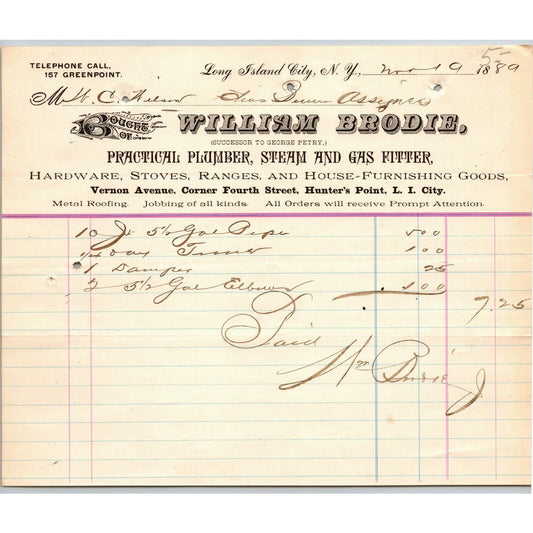 Long Island City NY Letterhead Billhead 1889 William Brodie Plumber Steam Fitter