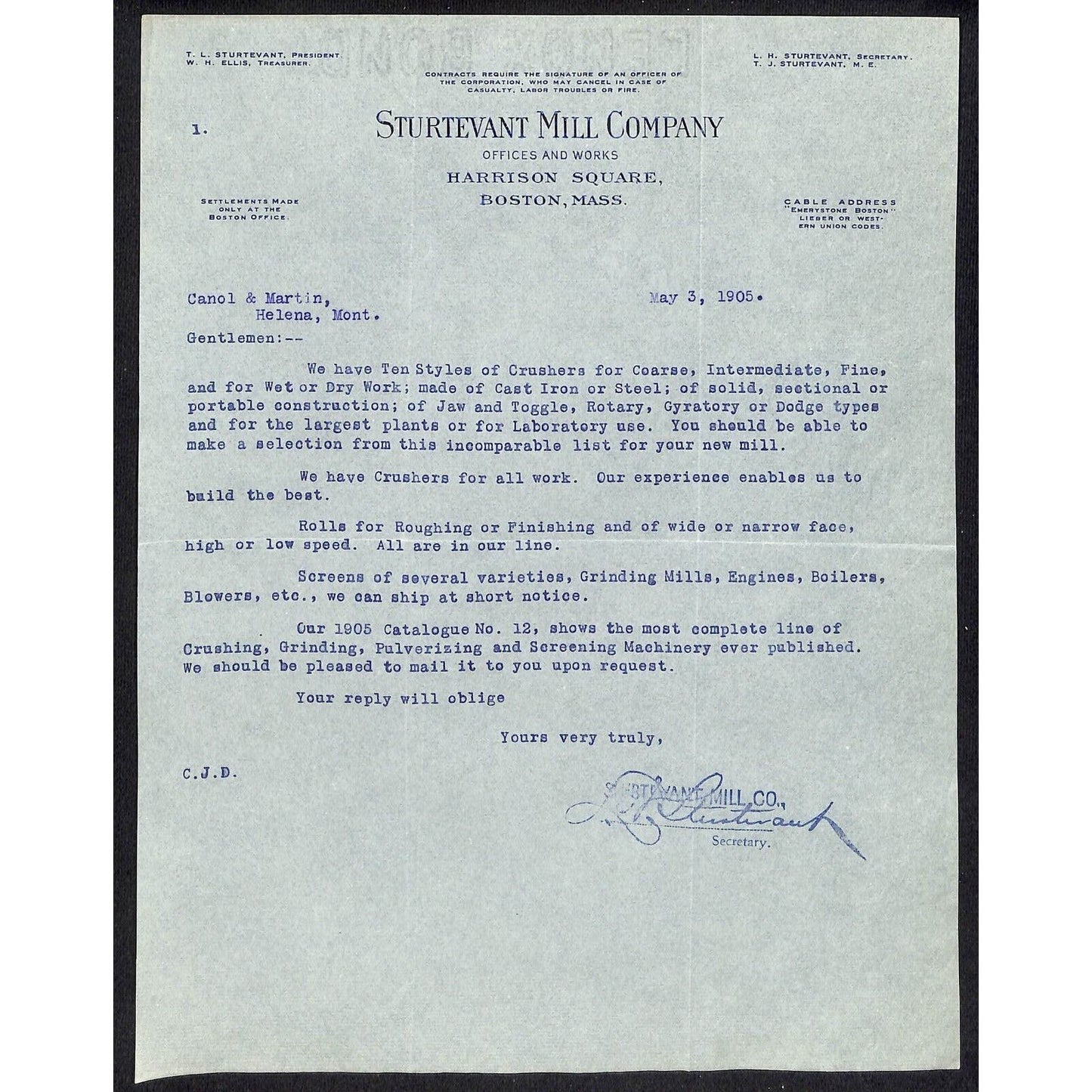 Boston, MA Sturtevant Mill Company 1905 Letterhead re: Crushers Rollers Screens