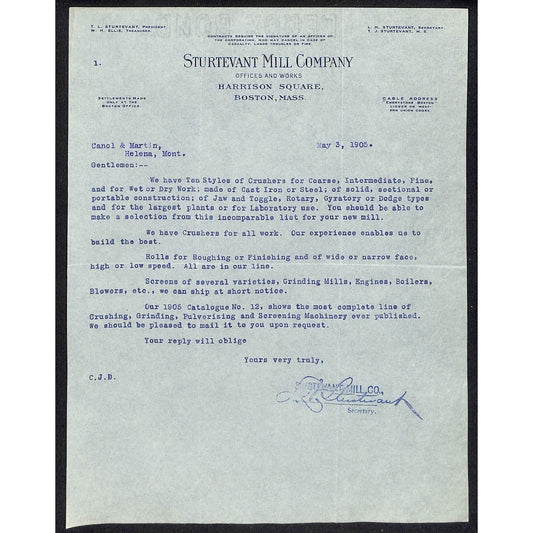 Boston, MA Sturtevant Mill Company 1905 Letterhead re: Crushers Rollers Screens